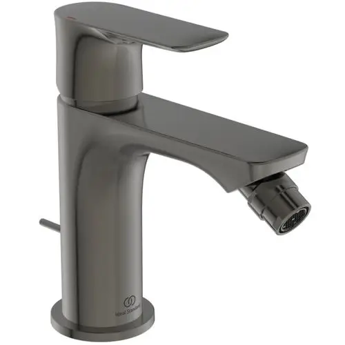Bidetarmatur in Magnet Grau von Ideal Standard mit einem flachen Hebel und Anschluss für das Abflussrohr. Design fokussiert auf schlichte Linienführung.